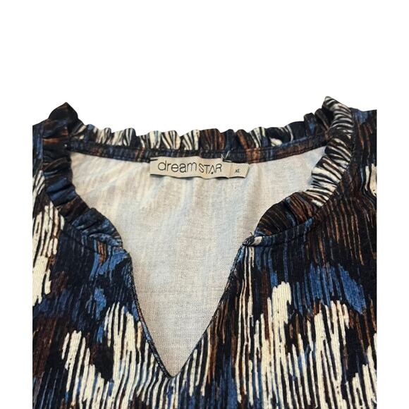 DREAMSTAR LONG SLEEVE V-NECK TOP, WOMENS, XL, NAVY BLUE BROWN WHITE ABSTRACT - Picture 2 of 11